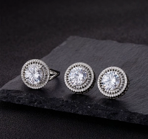 Macro view of 10mm round sparkling carbon diamond jewelry set with 925 silver setting
