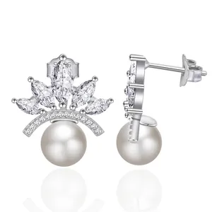Crown Artificial Pearl Stud Earrings With 925 Sterling Silver Earring Post Zircon Inlaid Elegant Retro Style Jewelry For Women