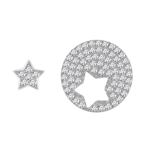 Asymmetric S925 silver star earrings with pave cubic zirconia on a white background