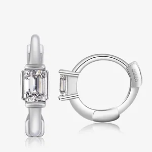 Minimalist 925 Sterling Silver Huggie Hoop Earrings For Women Rectangular Zirconia Inlaid Round Small Earrings Daily Jewelry