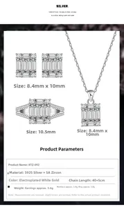 Detailed view of S925 sterling silver rectangular zircon earrings, necklace, and ring set