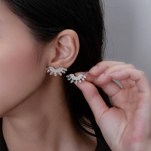Sparkling fan-shaped skirt earrings with full micro-pave crystals in silver finish