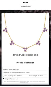 Detail of 18k gold plated S925 necklace featuring five clusters of purple zircon stones