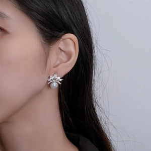 Elegant S925 silver crown earrings with a large white pearl and marquise cubic zirconia