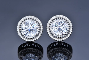 Macro shot of 10mm round halo stud earrings with high-carbon diamonds in S925 silver