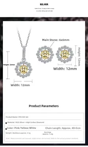 Detailed view of S925 silver necklace and earrings set with 6mm yellow high carbon diamonds