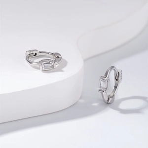 Minimalist S925 sterling silver hoop earrings with rectangular baguette cut zircon
