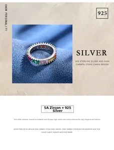 Detail view of 925 silver eternity ring with colorful rainbow cubic zirconia stones