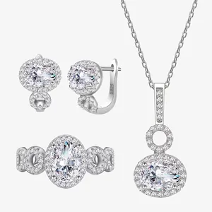 Luxueux Ensemble de Bijoux en Argent Sterling 925 Zirconia Ovale Design Halo Élégant Collier Boucles d'oreilles Bague pour Femmes Bijoux de Mariage