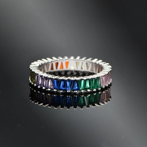 Rainbow eternity ring in 925 sterling silver with multicolor rectangular cut gemstones