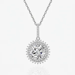 Collier Halo en Argent Sterling 925 Zirconia Femme Pendentif Tournesol Rond Taille Brillante Élégant Chaîne Clavicule Bijoux