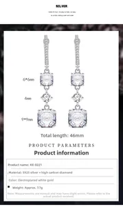 Détails de boucles d'oreilles longues en argent S925 avec trois diamants à haute teneur