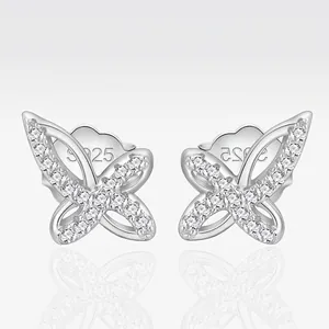 Elegant 925 Sterling Silver Bowknot Butterfly Stud Earrings For Women Minimalist Inlaid Zirconia Fashion Jewelry Accessory Gift
