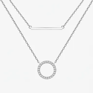 Minimalist 925 Sterling Silver Double Layered Necklace Geometric Circle Horizontal Bar Rhinestone Inlaid Chain For Women Fashion Jewelry
