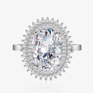 Bague Halo Ovale en Argent Sterling S925 Luxe Coupe Ovale Strass Incrusté Plaqué Platine Bague de Fiançailles Mariage Femme Bijoux