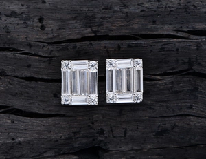 Detailed close-up of rectangle cubic zirconia stud earrings in S925 sterling silver