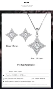 Detail of S925 silver star necklace and earrings set with white zircon pavé setting