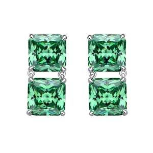 S925 sterling silver stud earrings featuring square ice flower cut green carbon diamonds
