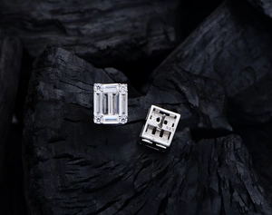 Macro detail of S925 sterling silver rectangular earrings with micro-pave cubic zirconia