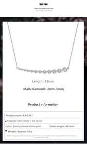 Detailed size specifications for S925 silver necklace with 5A zircon curved pendant