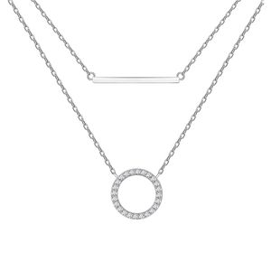 Double-layer silver necklace with horizontal bar and zircon circle pendants on white background
