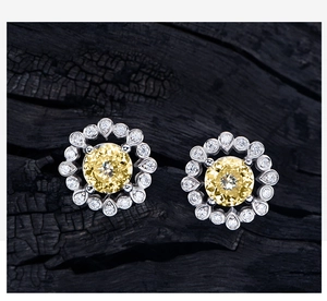 Macro shot of 925 silver halo earrings featuring 6mm yellow round cut carbon diamonds