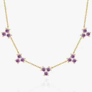 Purple Zirconia Cluster Flower Necklace 18K Gold Plated 925 Sterling Silver Dainty Chain Elegant Jewelry For Women