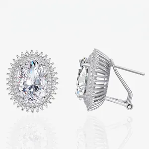 Oval Stud Earrings With 925 Sterling Silver Earring Post High Carbon Diamond Double Halo Elegant Luxury For Women