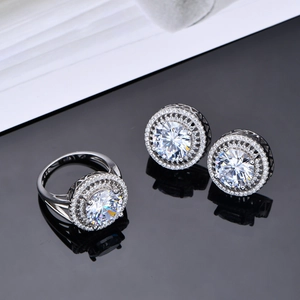 Classic S925 sterling silver ring and stud earrings set with 10mm round halo crystals