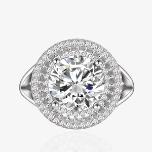 Anello S925 in Argento Sterling con Taglio Rotondo Doppio Halo per Donna Luccicante Strass Bianco Elegante Fede Nuziale Fidanzamento Gioielli