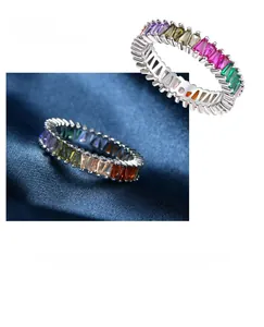 Detailed macro view of S925 sterling silver ring with colorful baguette cut gemstones