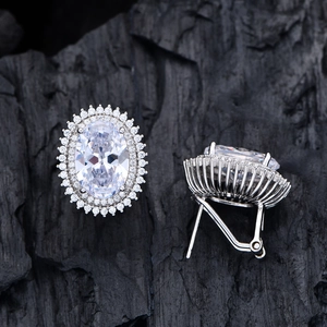 Elegant S925 sterling silver oval high-carbon diamond stud earrings with double halo