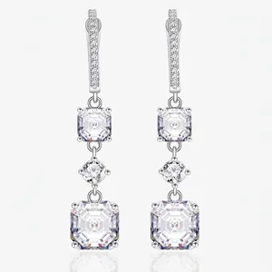 Boucles d'Oreilles Pendantes en Argent 925 avec Strass Taille Asscher Élégant Carré Sugar Tower Long Mariage Bijoux