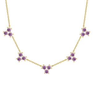 Elegant 18k gold plated necklace featuring five clusters of purple crystal snowflakes
