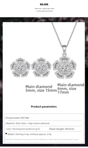 Macro detail of S925 silver flower jewelry set with sparkling high carbon diamonds