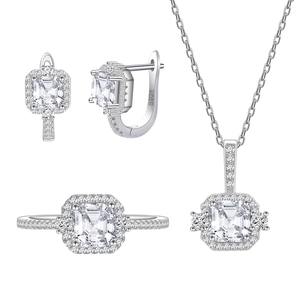 925 silver jewelry set with emerald-cut crystals including necklace earrings and ring