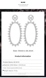 Detailed view of large oval S925 silver earrings with 5A zircons measuring 55mm by 26.3mm