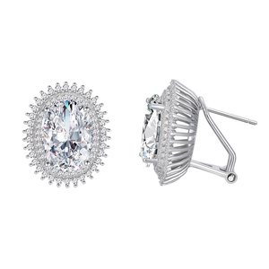 Oval high-carbon diamond stud earrings in S925 sterling silver with halo setting and omega backs