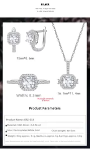 Infographic showing S925 silver halo jewelry set with 6mm square cubic zirconia specs