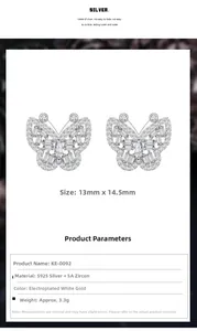 Détails des boucles d'oreilles papillon en argent S925 serties de zircones avec mesures