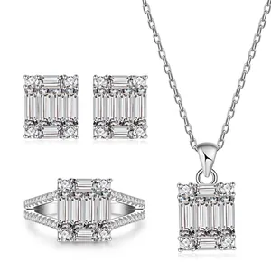 925 Sterling Silver Zirconia Pendant Necklace Earrings Ring Fashion Jewelry Emerald Cut Rectangular Geometric Commuting Women Gift