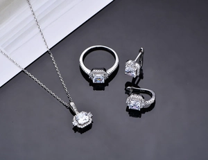 Detailed view of S925 sterling silver jewelry set featuring square-cut cubic zirconia