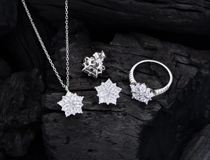 Dettaglio del set di gioielli a fiocco di neve in argento S925 con zirconi bianchi