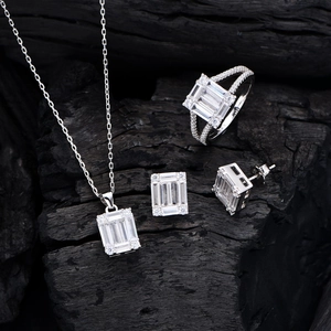 S925 sterling silver jewelry set with rectangular zircon necklace, earrings and ring