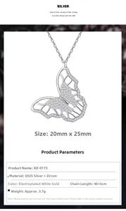Close-up of S925 sterling silver butterfly pendant with white zircon and size details