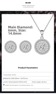 Detailed specs of S925 silver halo round pendant necklace and stud earrings set