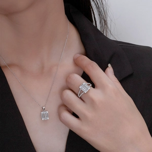 S925 sterling silver jewelry set featuring emerald-cut rectangle zirconia on model