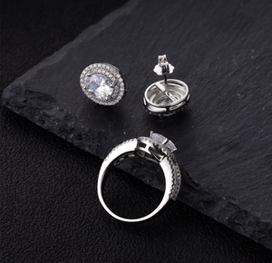 Macro detail of 925 sterling silver stamp on oval gemstone ring and earrings set