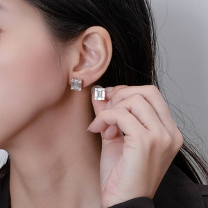 Elegant S925 silver stud earrings set with rectangular emerald-cut zircon stones