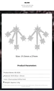 Detailed S925 silver shooting star earrings specs with zircon inlay dimensions